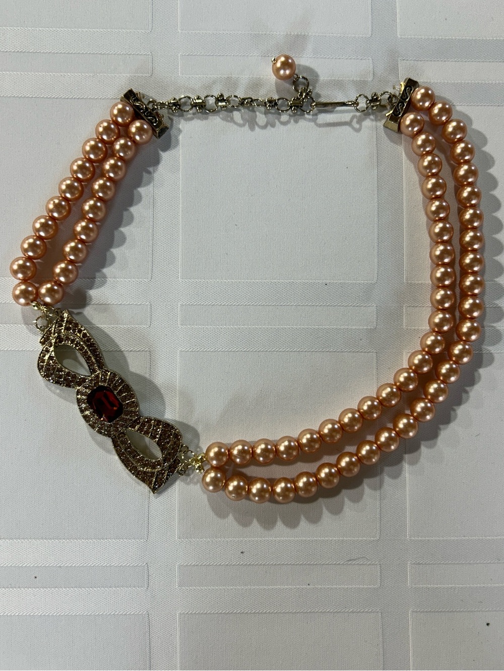 Peach Pearl Double Strand Necklace with Gold-tone Crystal Accent